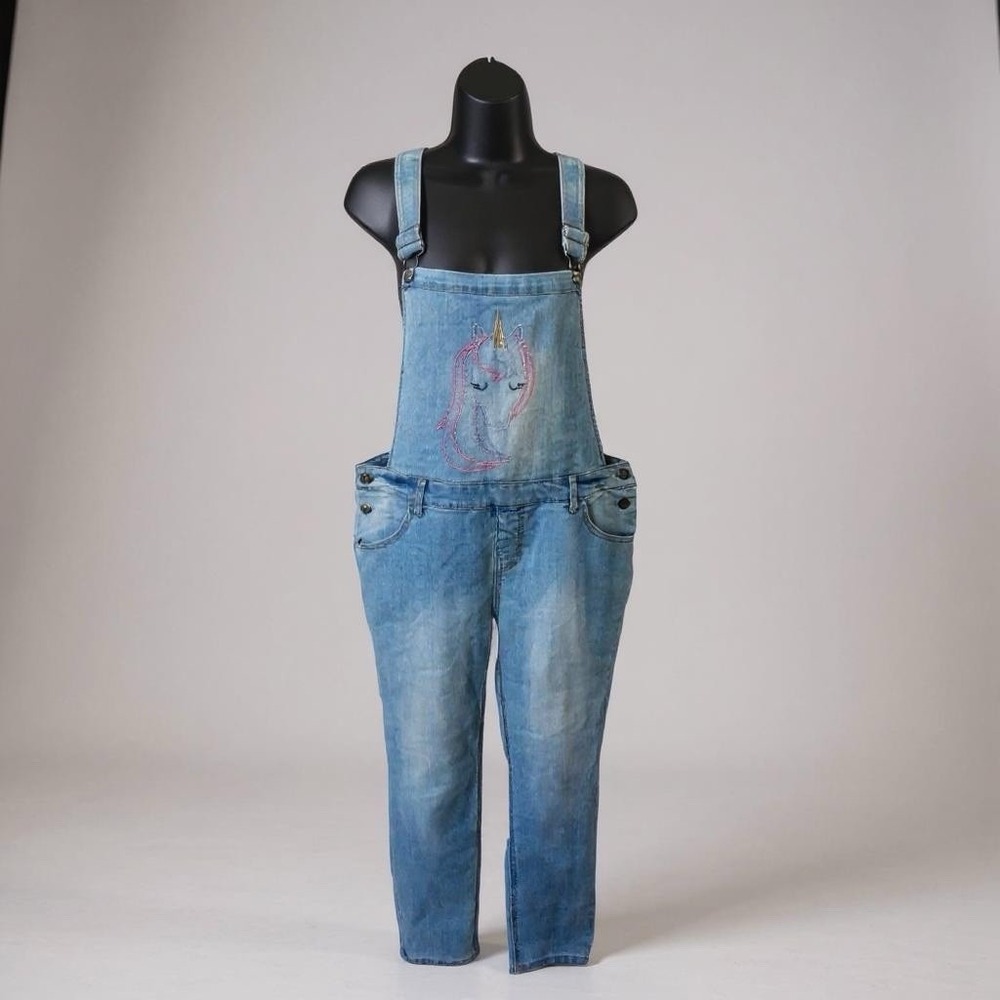 Cat And Jack Super Stretch Light Blue Denim Overalls Unicorn Girls‎ XL (14-16)